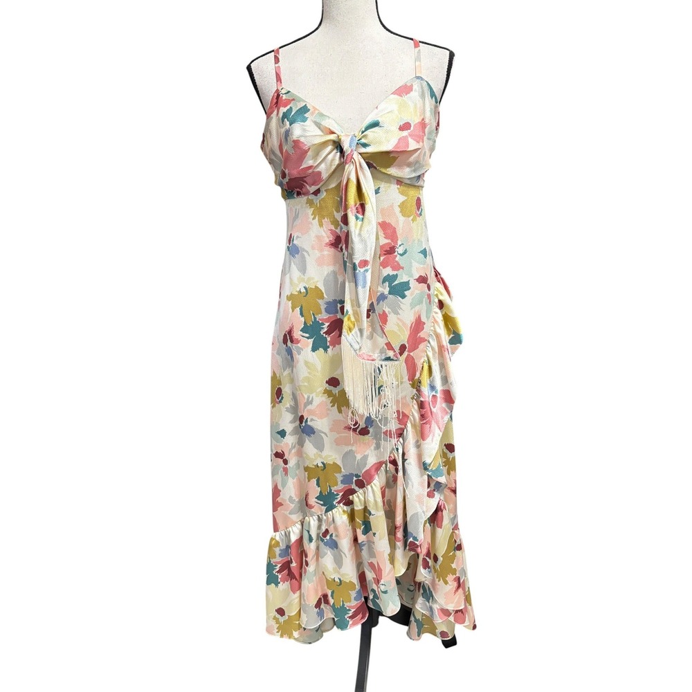 Likely Floral Calista Midi Dress Multi Ivory Ruffle Tie Front Sweetheart